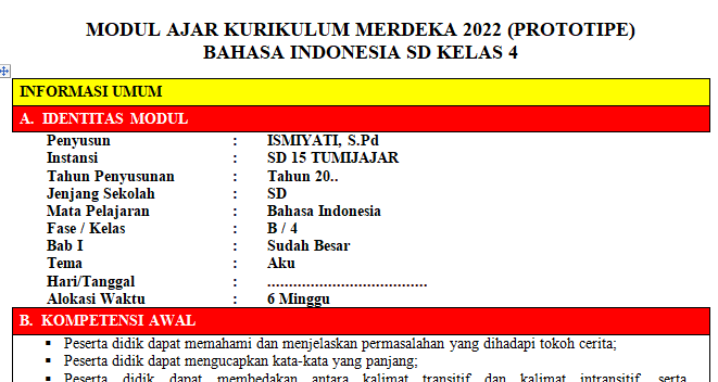 RPP Kurikulum Merdeka / Modul Ajar Bahasa Indonesia Kelas 4